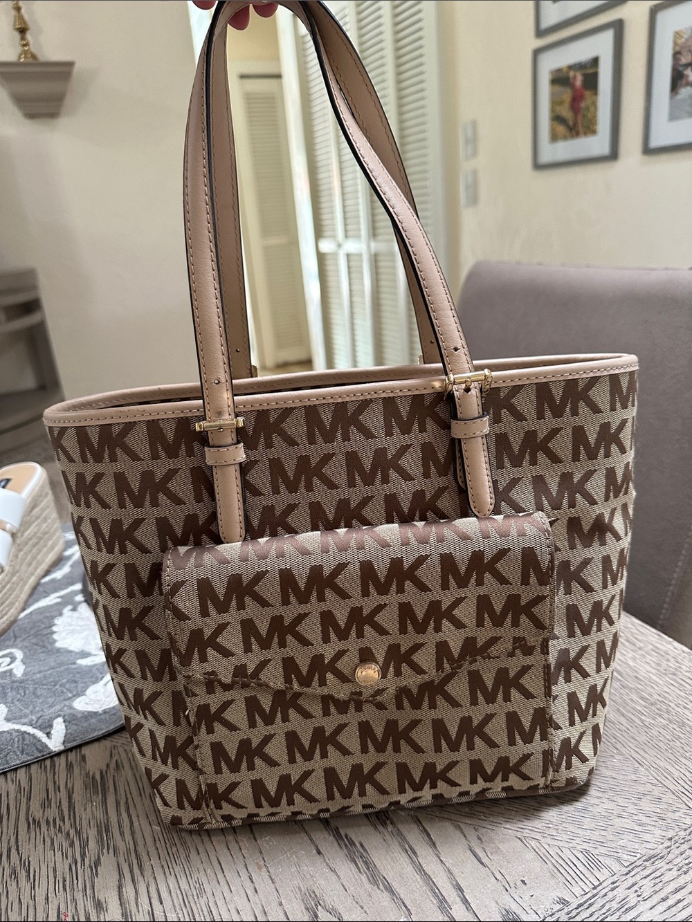 Michael Kors Brown MK Logo Tote with Front Pocket and Contrast Trim